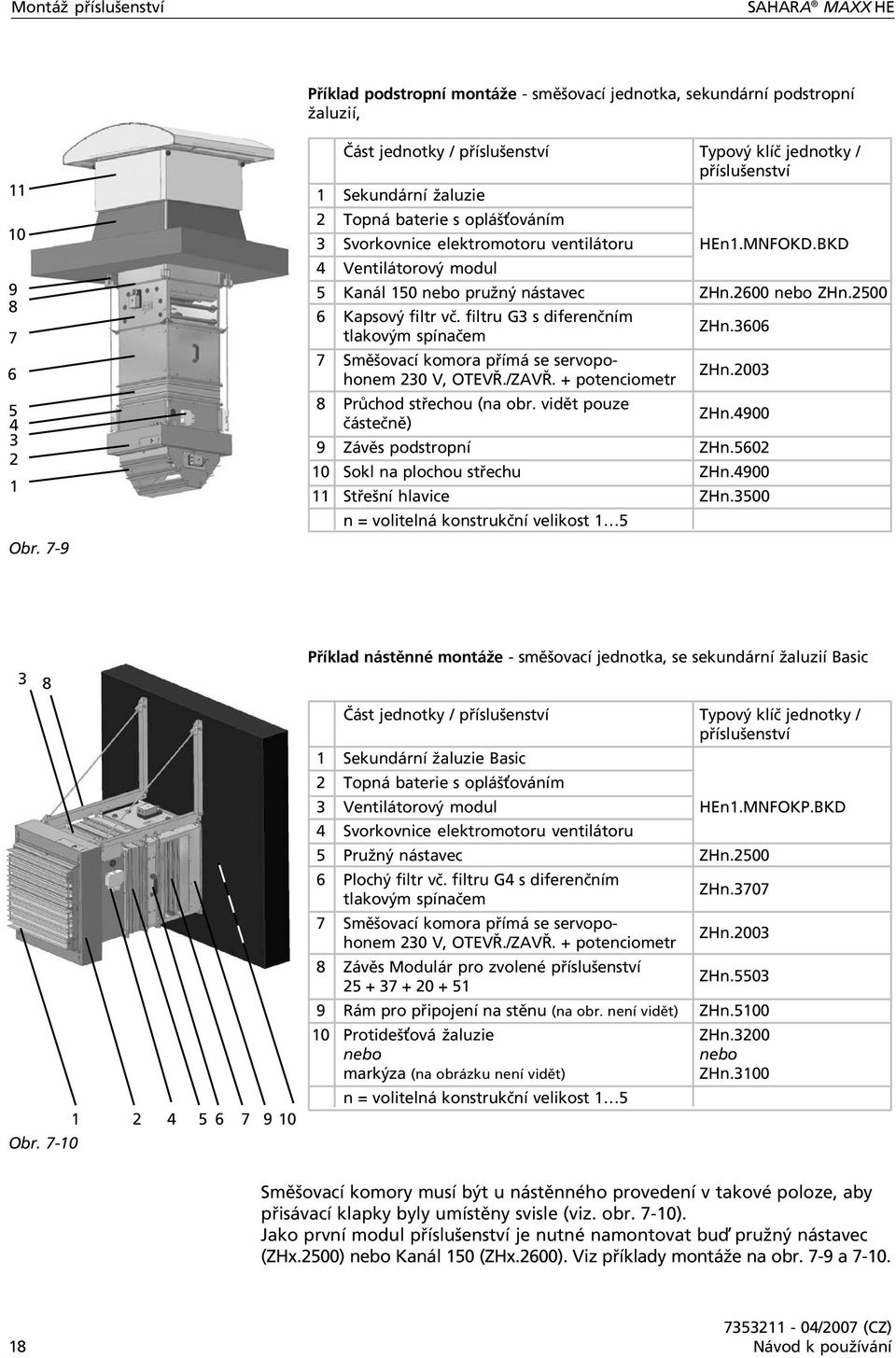 BKD 4 Ventilátorový modul 5 Kanál 150 nebo pružný nástavec ZHn.2600 nebo ZHn.2500 6 Kapsový filtr vč. filtru G3 s diferenčním tlakovým spínačem ZHn.