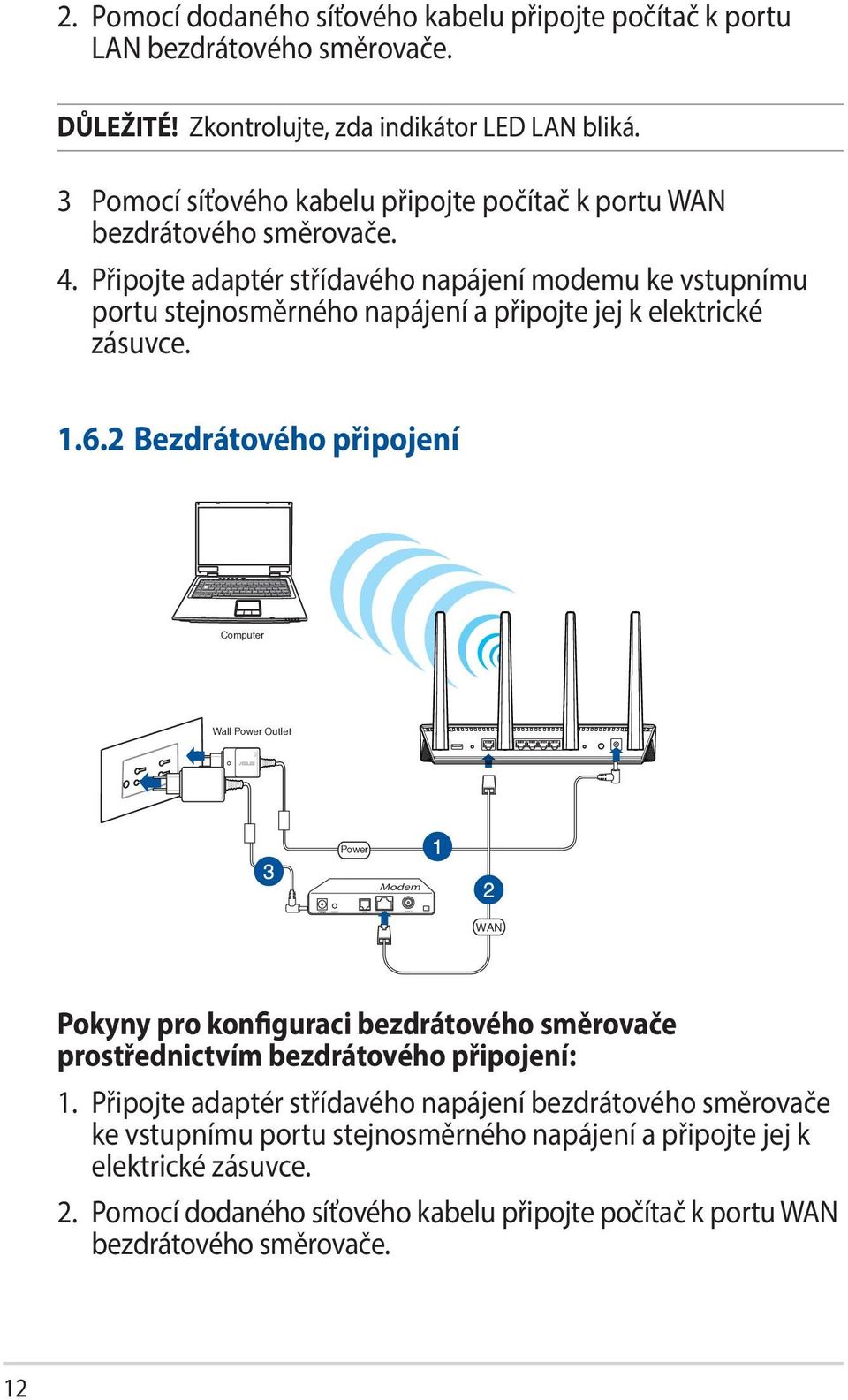 Připojte adaptér střídavého napájení modemu ke vstupnímu portu stejnosměrného napájení a připojte jej k elektrické zásuvce. 1.6.