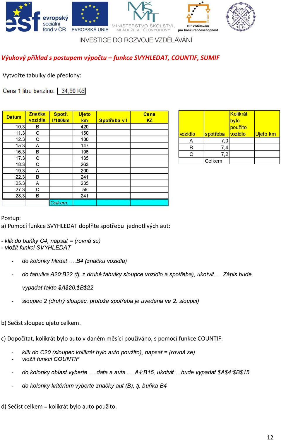 3 B 241 Celkem: Spotřeba v l Cena Kč vozidlo spotřeba Kolikrát bylo použito vozidlo A 7,0 B 7,4 C 7,2 Celkem Ujeto km Postup: a) Pomocí funkce SVYHLEDAT doplňte spotřebu jednotlivých aut: - klik do