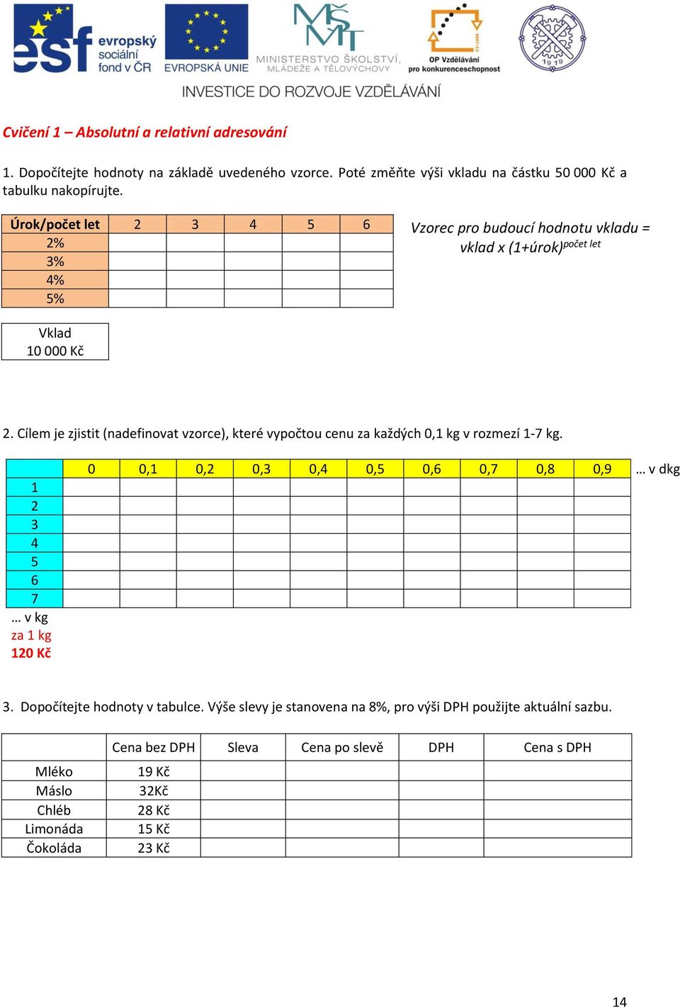 Cílem je zjistit (nadefinovat vzorce), které vypočtou cenu za každých 0,1 kg v rozmezí 1-7 kg.