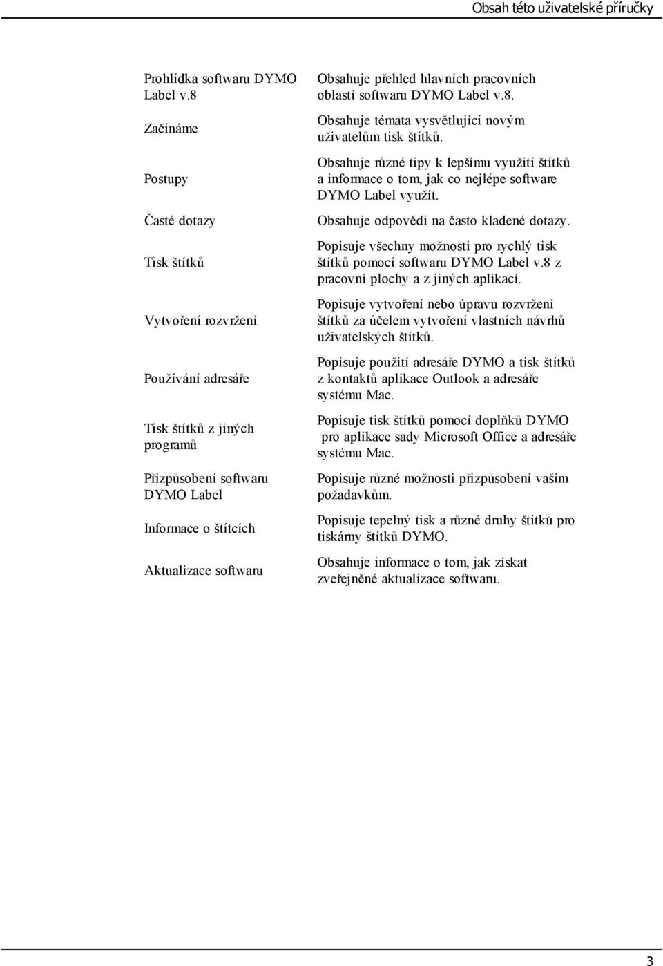 přehled hlavních pracovních oblastí softwaru DYMO Label v.8. Obsahuje témata vysvětlující novým uživatelům tisk štítků.