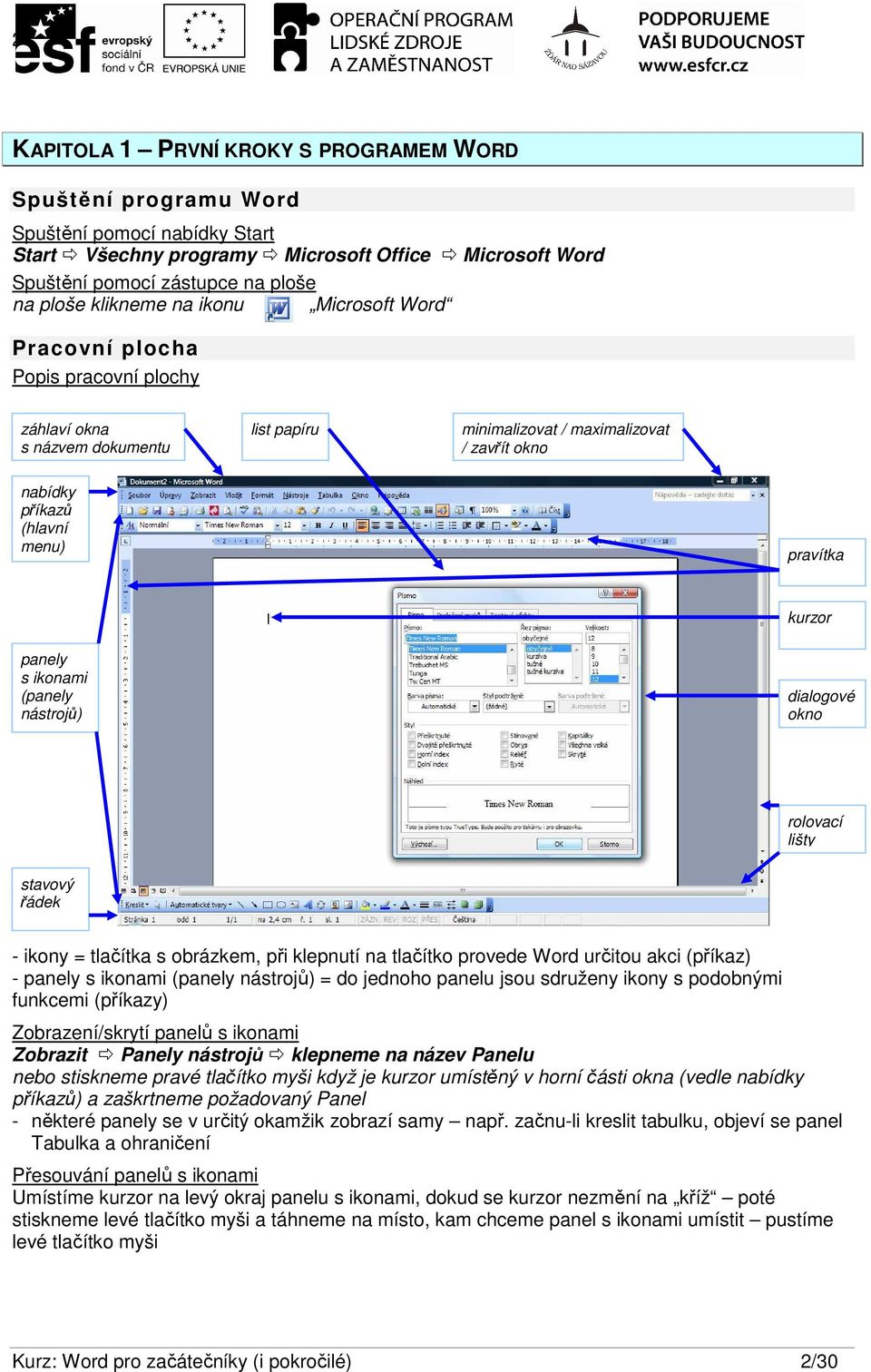 klikneme na ikonu Microsoft Word Pracovní plocha Popis pracovní plochy záhlaví okna s názvem dokumentu list papíru minimalizovat / maximalizovat / zavřít okno nabídky příkazů (hlavní menu) pravítka