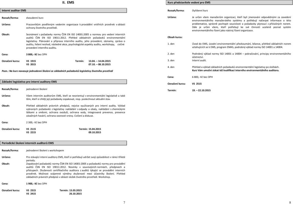 Plánování a příprava interního auditu, jeho provedení, záznamy, zpráva o auditu, řešení neshod, následné akce, psychologické aspekty auditu, workshopy, cvičné provedení interního auditu.