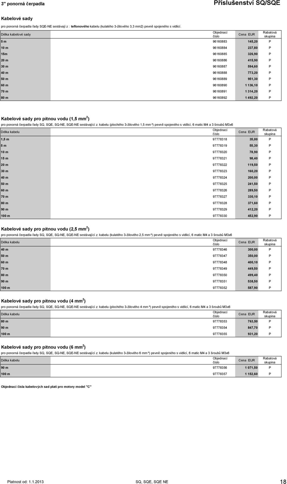 136,10 P 70 m 96160891 1 314,20 P 80 m 96160892 1 492,20 P Kabelové sady pro pitnou vodu (1,5 mm 2 ) pro ponorná čerpadla řady SQ, SQE, SQ-NE, SQE-NE sestávající z: kabelu (plochého 3-žilového 1,5 mm