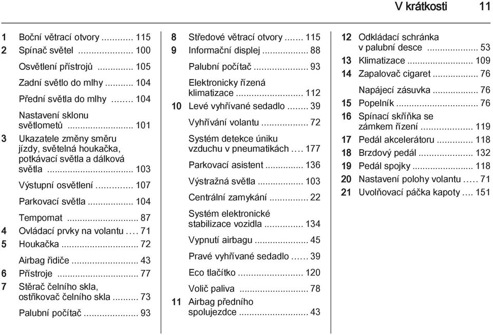 .. 71 5 Houkačka... 72 Airbag řidiče... 43 6 Přístroje... 77 7 Stěrač čelního skla, ostřikovač čelního skla... 73 Palubní počítač... 93 8 Středové větrací otvory... 115 9 Informační displej.