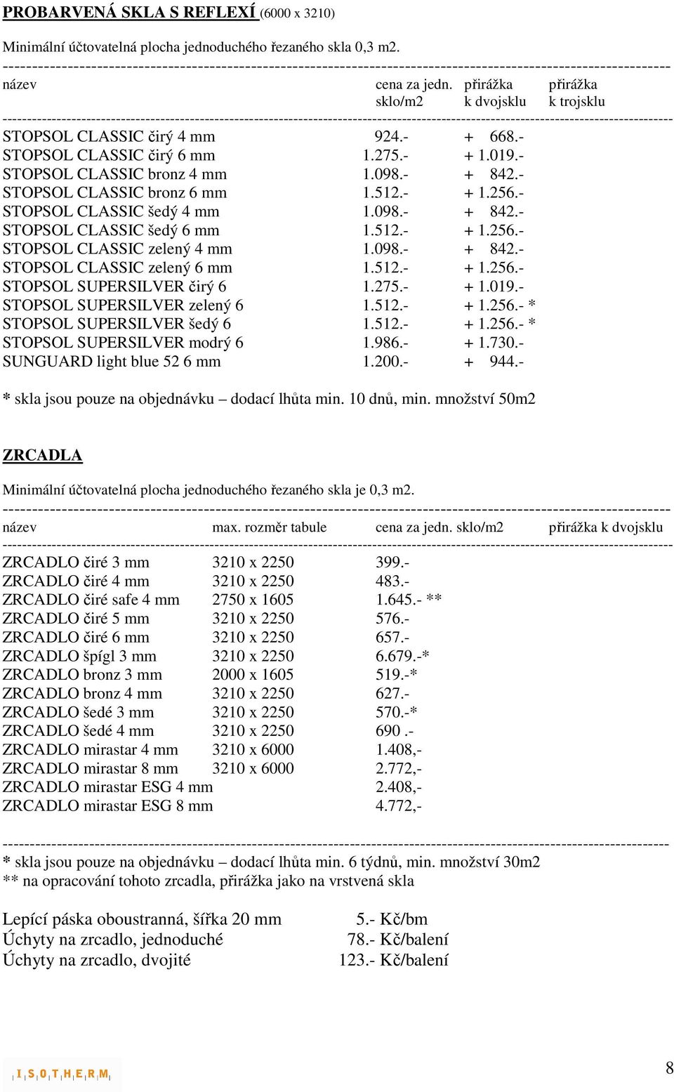 přirážka přirážka sklo/m2 k dvojsklu k trojsklu ---------------------------------------------------------------------------------------------------------------------------------------- STOPSOL
