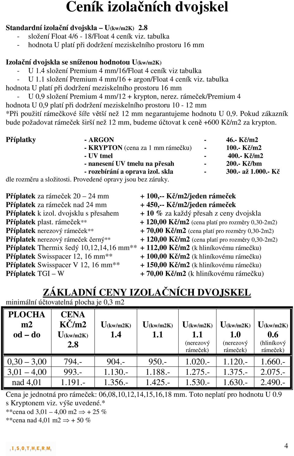 1 složení Premium 4 mm/16 + argon/float 4 ceník viz. tabulka hodnota U platí při dodržení meziskelního prostoru 16 mm - U 0,9 složení Premium 4 mm/12 + krypton, nerez.