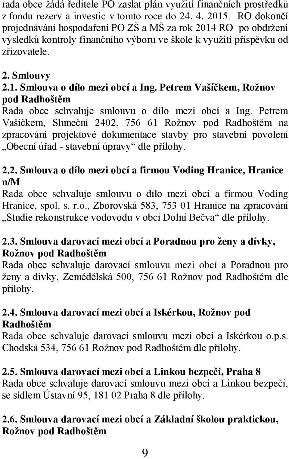 Petrem Vašíčkem, Rožnov pod Radhoštěm Rada obce schvaluje smlouvu o dílo mezi obcí a Ing.