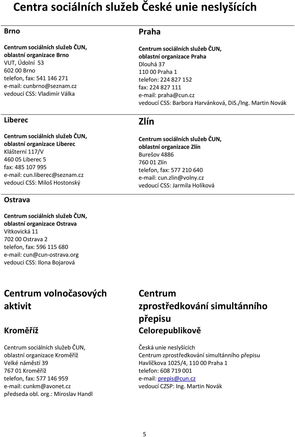 cz vedoucí CSS: Miloš Hostonský Praha Centrum sociálních služeb ČUN, oblastní organizace Praha Dlouhá 37 110 00 Praha 1 telefon: 224 827 152 fax: 224 827 111 e-mail: praha@cun.