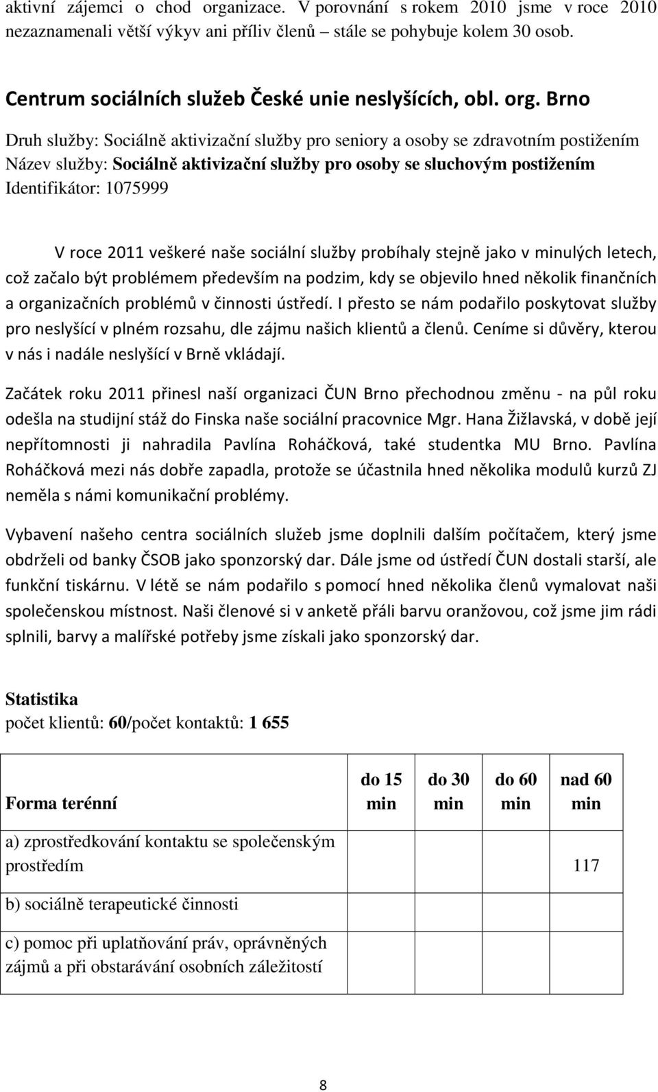 Brno Druh služby: Sociálně aktivizační služby pro seniory a osoby se zdravotním postižením Název služby: Sociálně aktivizační služby pro osoby se sluchovým postižením Identifikátor: 1075999 V roce