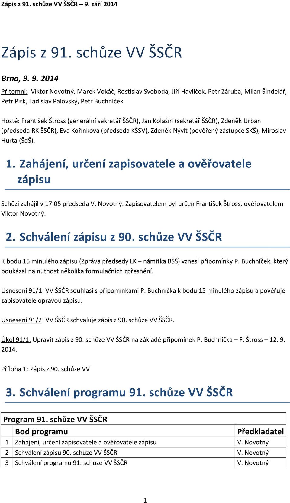 9. 2014 Přítomni: Viktor Novotný, Marek Vokáč, Rostislav Svoboda, Jiří Havlíček, Petr Záruba, Milan Šindelář, Petr Pisk, Ladislav Palovský, Petr Buchníček Hosté: František Štross (generální sekretář