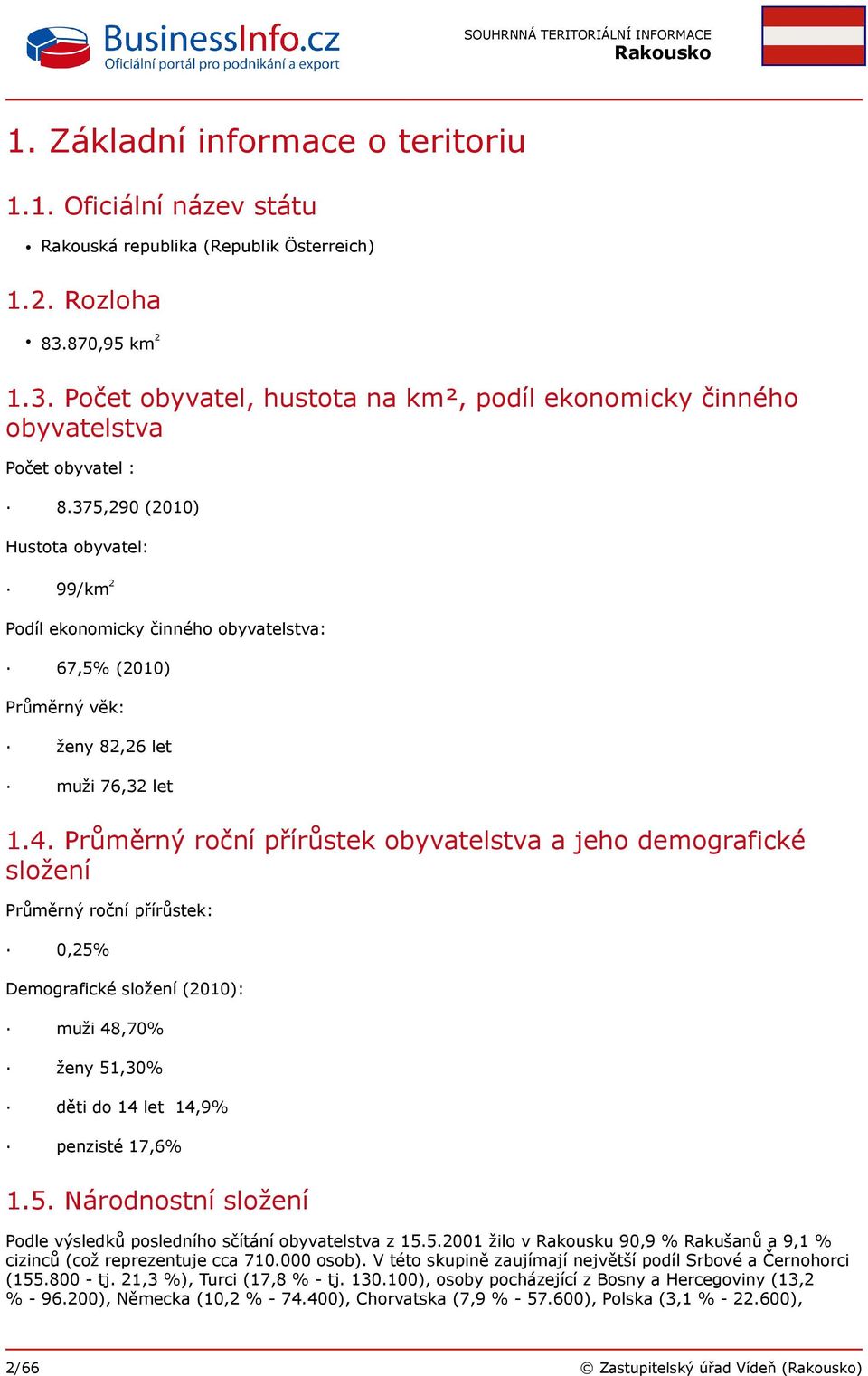 375,290 (2010) Hustota obyvatel: 99/km 2 Podíl ekonomicky činného obyvatelstva: 67,5% (2010) Průměrný věk: ženy 82,26 let muži 76,32 let 1.4.