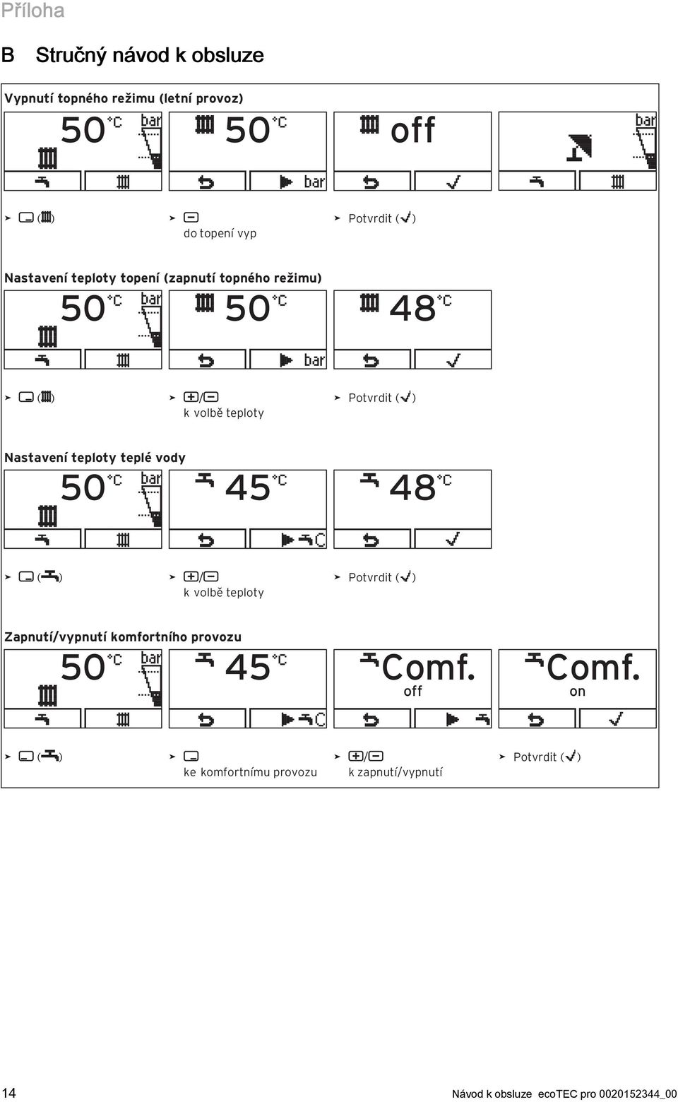 teploty teplé vody 50 45 48 > ( ) > / k volbě teploty > Potvrdit ( ) Zapnutí/vypnutí komfortního provozu 50 45 Comf.