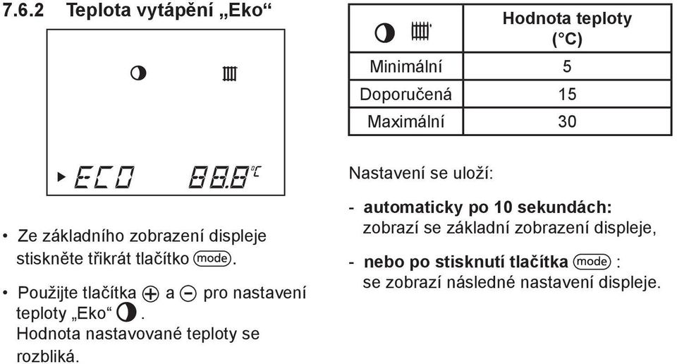 Použijte tlačítka a pro nastavení teploty Eko. Hodnota nastavované teploty se rozbliká.