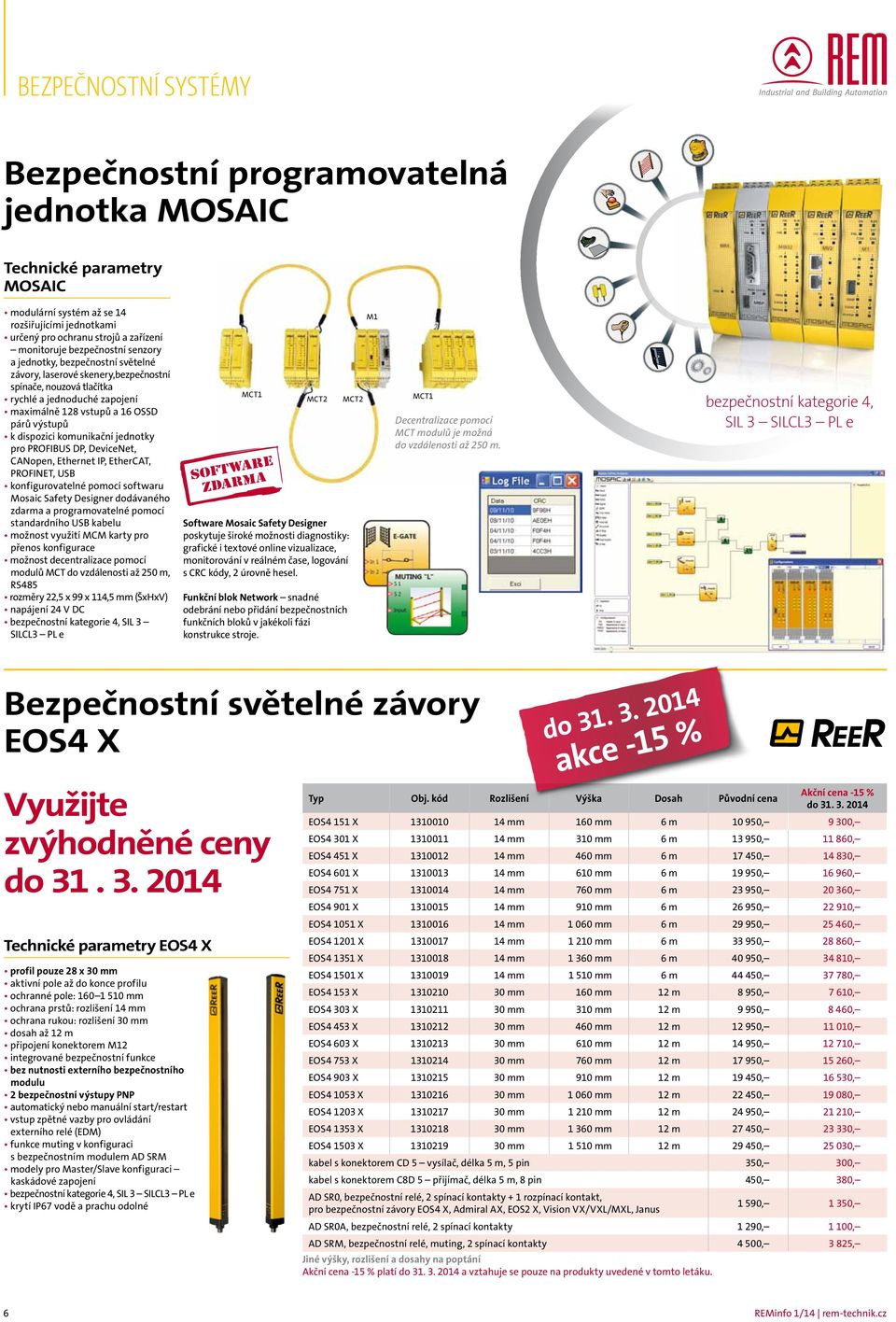 dispozici komunikační jednotky pro PROFIBUS DP, DeviceNet, CANopen, Ethernet IP, EtherCAT, PROFINET, USB konfigurovatelné pomocí softwaru Mosaic Safety Designer dodávaného zdarma a programovatelné