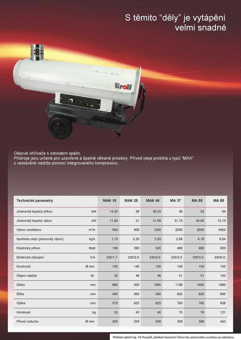 MAK 15 MAK 25 MAK 40 MA 37 MA 55 MA 85 Jmenovitý tepelný příkon 14,50 26 38,55 36 52 84 Jmenovitý tepelný výkon 11,80 21 31,88 31,70 45,80 73,10 Výkon ventilátoru m³/h 650 800 1200 2000 2500 4500