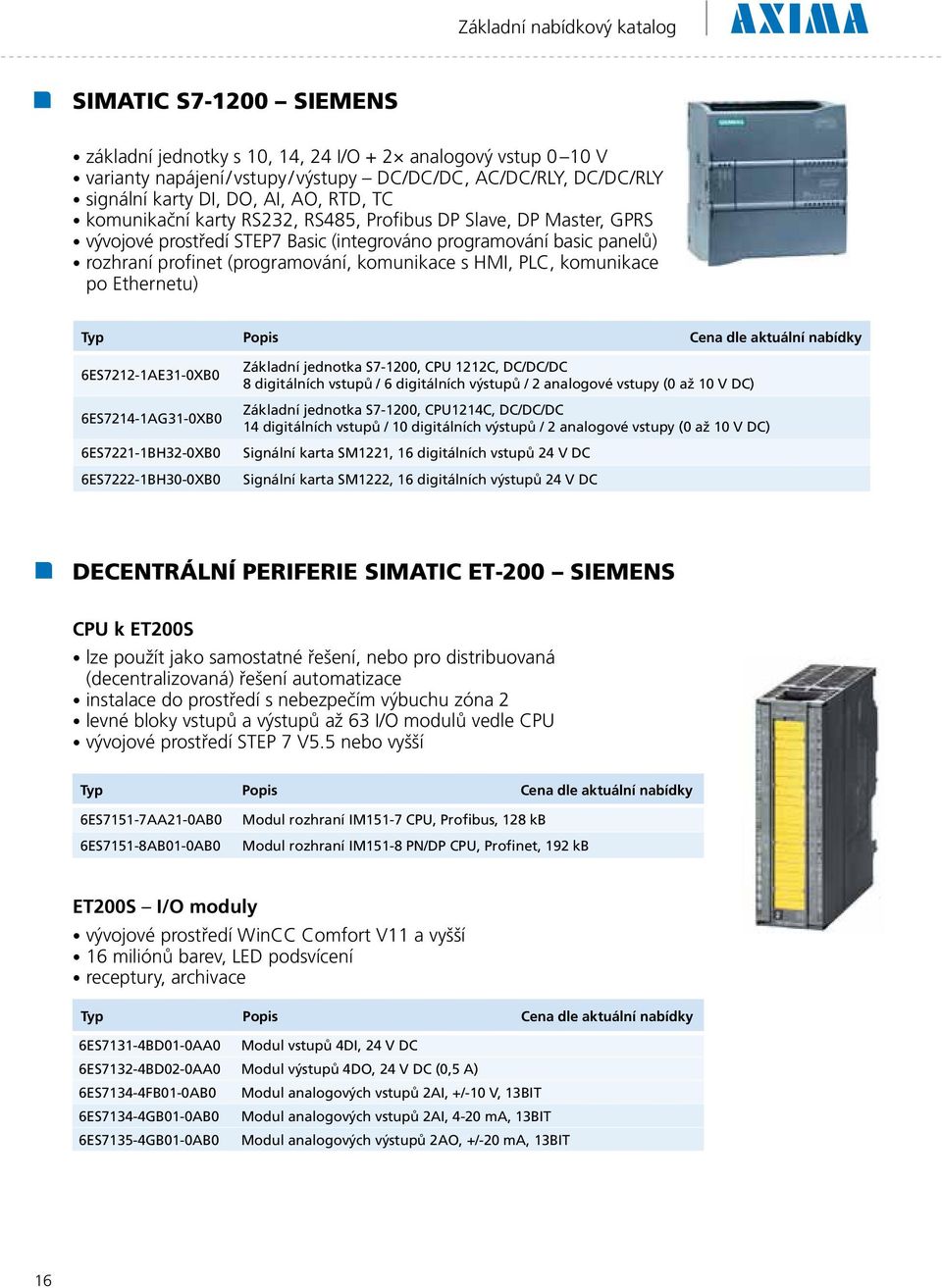 komunikace s HMI, PLC, komunikace po Ethernetu) dle aktuální nabídky 6ES7212-1AE31-0XB0 6ES7214-1AG31-0XB0 6ES7221-1BH32-0XB0 6ES7222-1BH30-0XB0 Základní jednotka S7-1200, CPU 1212C, DC/DC/DC 8