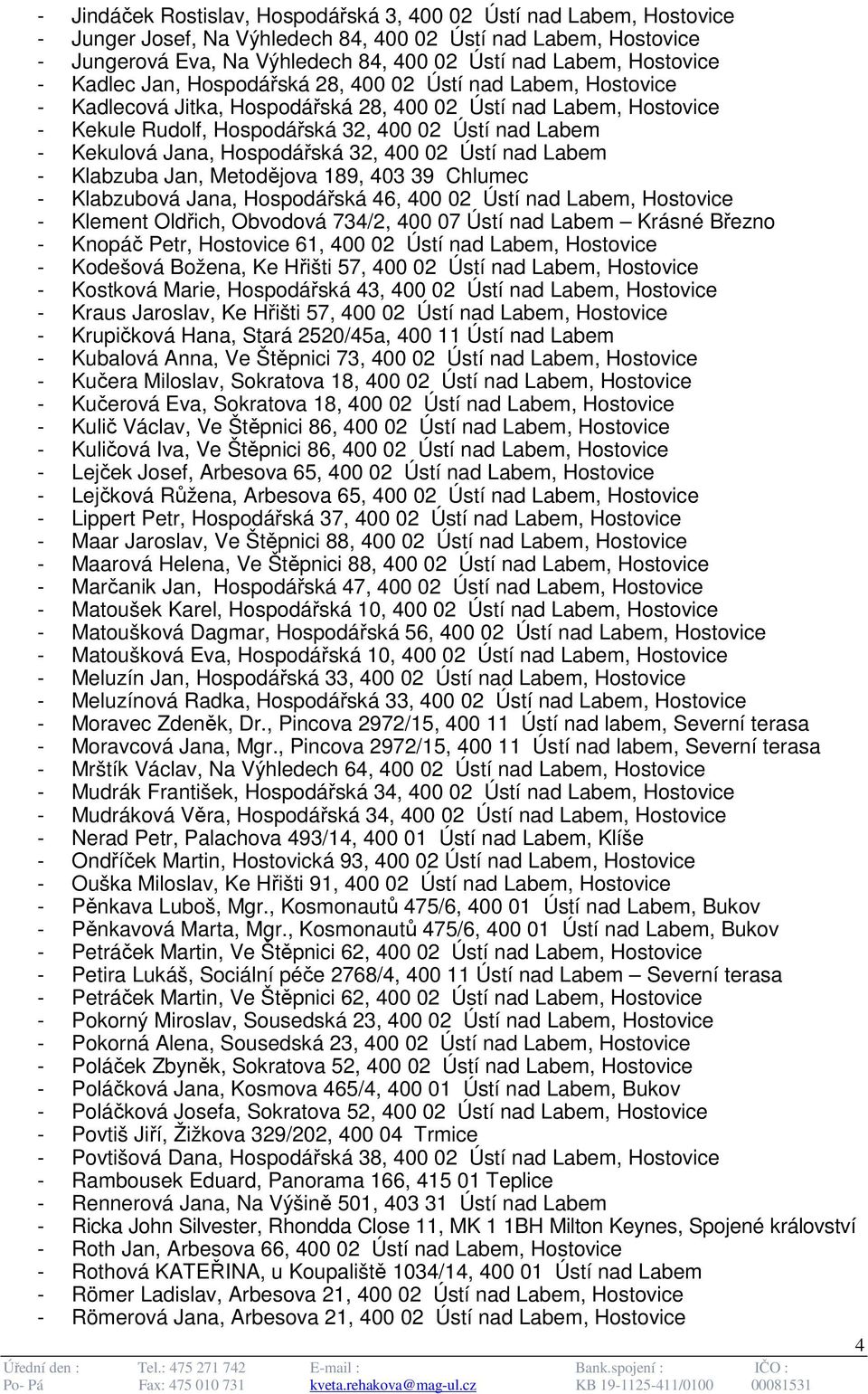 Kekulová Jana, Hospodářská 32, 400 02 Ústí nad Labem - Klabzuba Jan, Metodějova 189, 403 39 Chlumec - Klabzubová Jana, Hospodářská 46, 400 02 Ústí nad Labem, Hostovice - Klement Oldřich, Obvodová