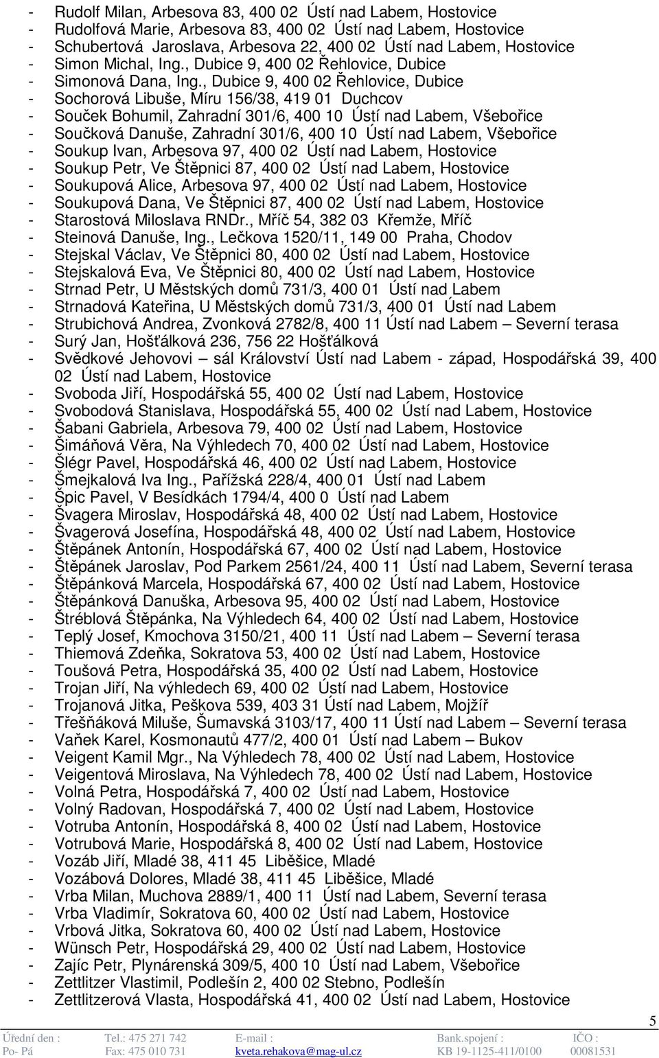 , Dubice 9, 400 02 Řehlovice, Dubice - Sochorová Libuše, Míru 156/38, 419 01 Duchcov - Souček Bohumil, Zahradní 301/6, 400 10 Ústí nad Labem, Všebořice - Součková Danuše, Zahradní 301/6, 400 10 Ústí