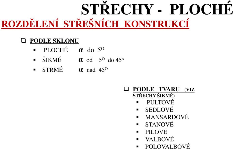 STŘEŠNÍCH KONSTRUKCÍ PODLE TVARU (VIZ STŘECHY ŠIKMÉ)