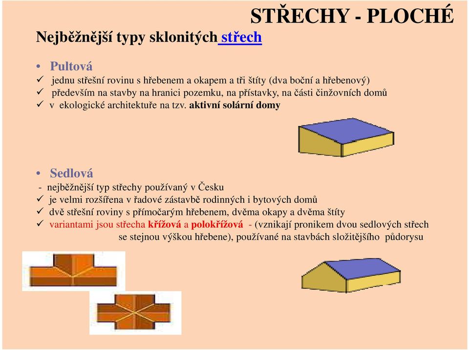 aktivní solární domy Sedlová - nejběžnější typ střechy používaný v Česku je velmi rozšířena v řadové zástavbě rodinných i bytových domů dvě střešní