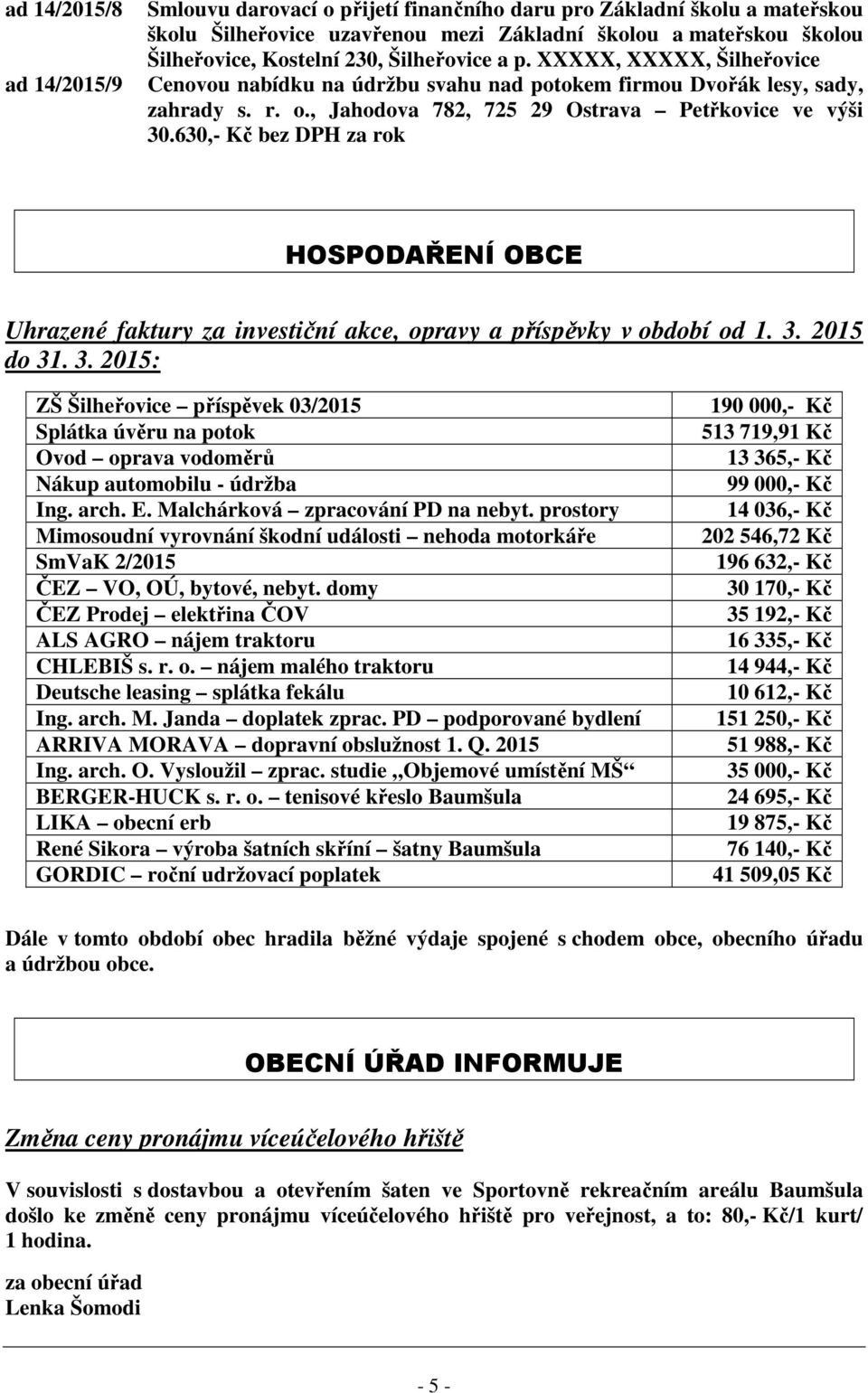 630,- Kč bez DPH za rok HOSPODAŘENÍ OBCE Uhrazené faktury za investiční akce, opravy a příspěvky v období od 1. 3.