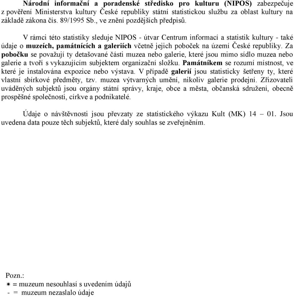 V rámci této statistiky sleduje NIOS - útvar Centrum informací a statistik kultury - také údaje o muzeích, památnících a galeriích včetně jejich poboček na území České republiky.