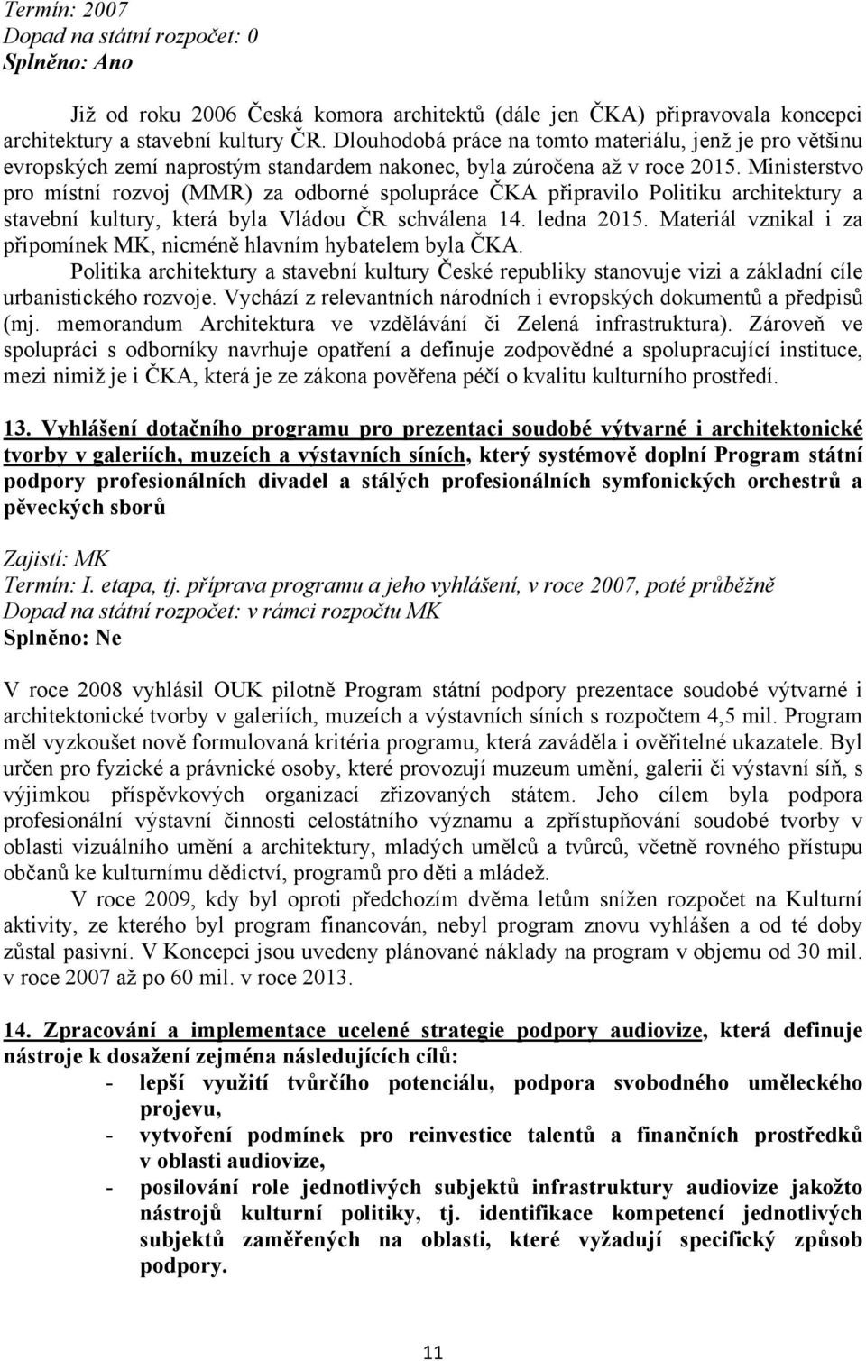 Ministerstvo pro místní rozvoj (MMR) za odborné spolupráce ČKA připravilo Politiku architektury a stavební kultury, která byla Vládou ČR schválena 14. ledna 2015.