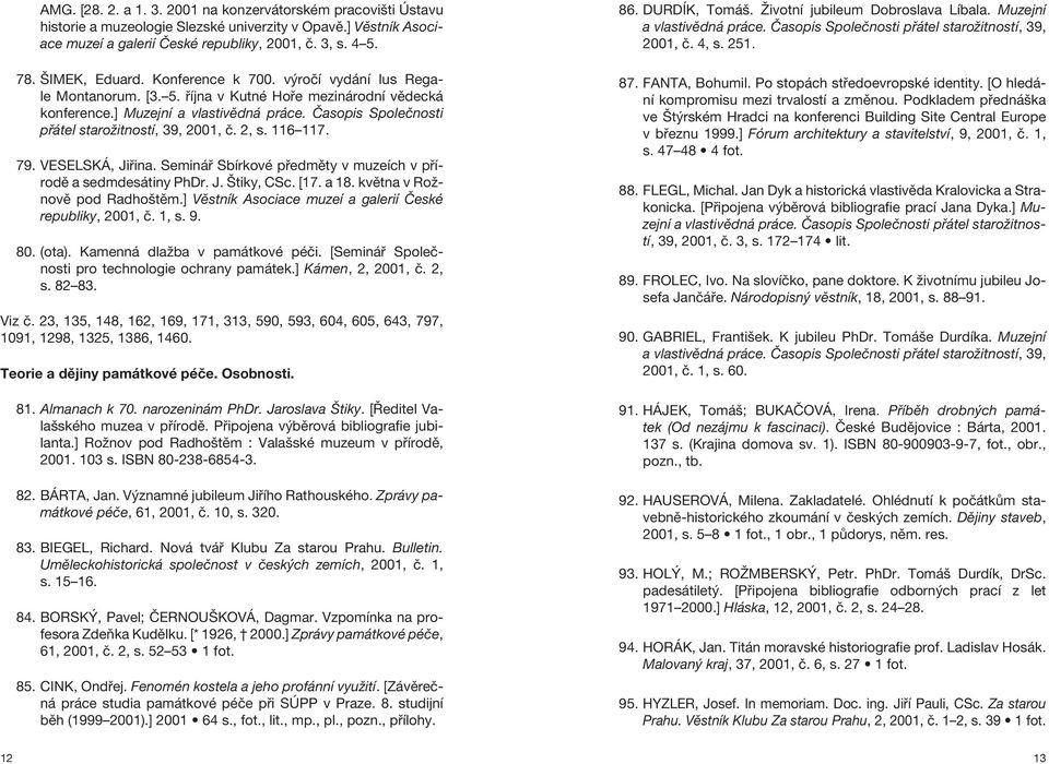 Časopis Společnosti přátel starožitností, 39, 2001, č. 2, s. 116 117. 79. VESELSKÁ, Jiřina. Seminář Sbírkové předměty v muzeích v přírodě a sedmdesátiny PhDr. J. Štiky, CSc. [17. a 18.