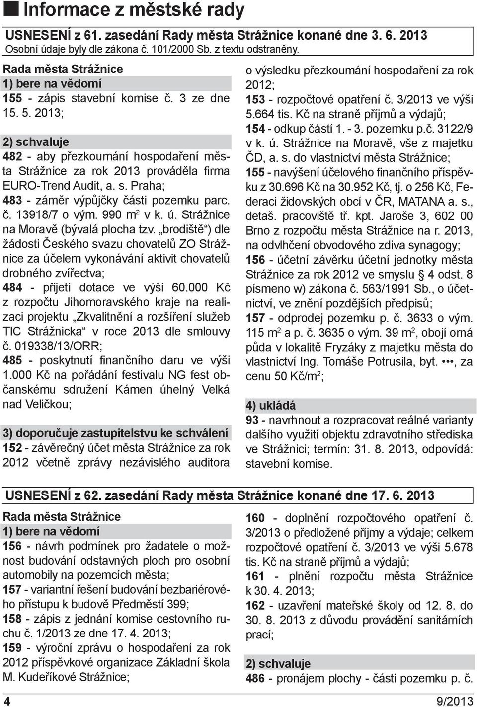 2013; 2) schvaluje 482 - aby přezkoumání hospodaření města Strážnice za rok 2013 prováděla firma EURO-Trend Audit, a. s. Praha; 483 - záměr výpůjčky části pozemku parc. č. 13918/7 o vým. 990 m 2 v k.