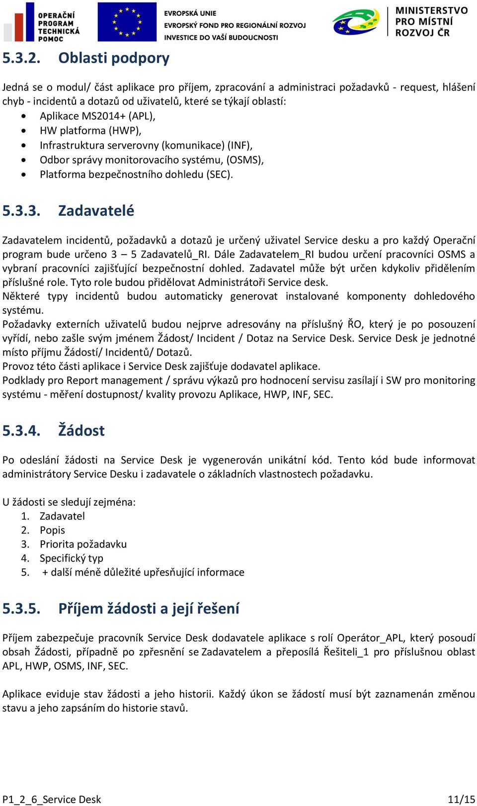 (APL), HW platforma (HWP), Infrastruktura serverovny (komunikace) (INF), Odbor správy monitorovacího systému, (OSMS), Platforma bezpečnostního dohledu (SEC). 5.3.