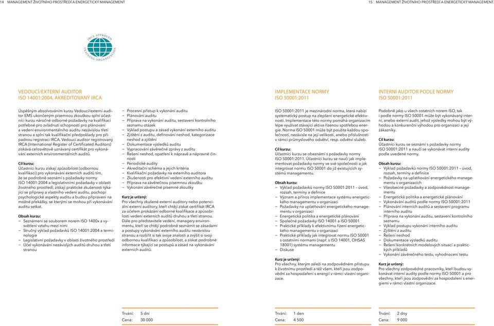 kvalifikaci potřebné pro zvládnutí schopností pro plánování a vedení environmentálního auditu nezávislou třetí stranou a splní tak kvalifikační předpoklady pro případnou registraci IRCA.