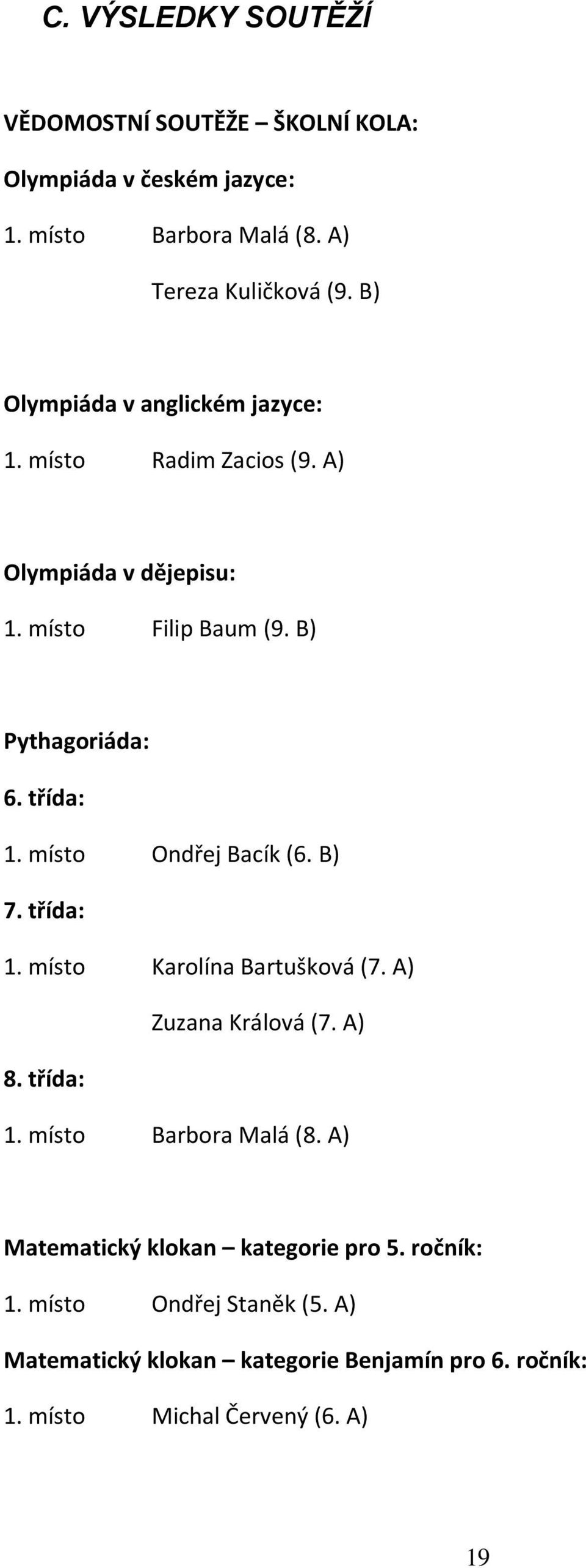 místo Ondřej Bacík (6. B) 7. třída: 1. místo Karolína Bartušková (7. A) Zuzana Králová (7. A) 8. třída: 1. místo Barbora Malá (8.