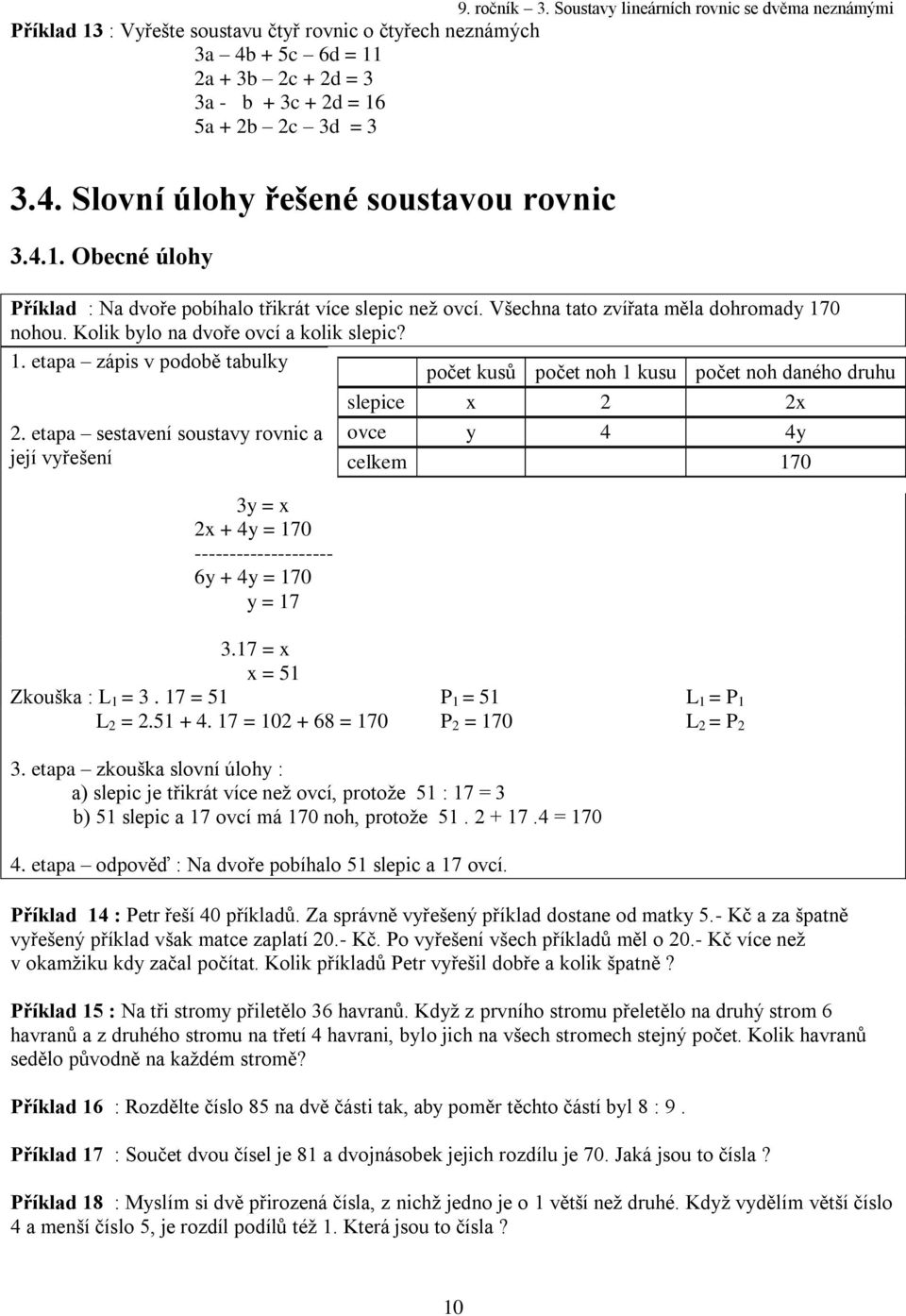 etapa sestavení soustavy rovnic a její vyřešení y = x x + 4y = 70 -------------------- 6y + 4y = 70 y = 7.7 = x x = 5 Zkouška : L =. 7 = 5 P = 5 L = P L =.5 + 4. 7 = 0 + 68 = 70 P = 70 L = P.