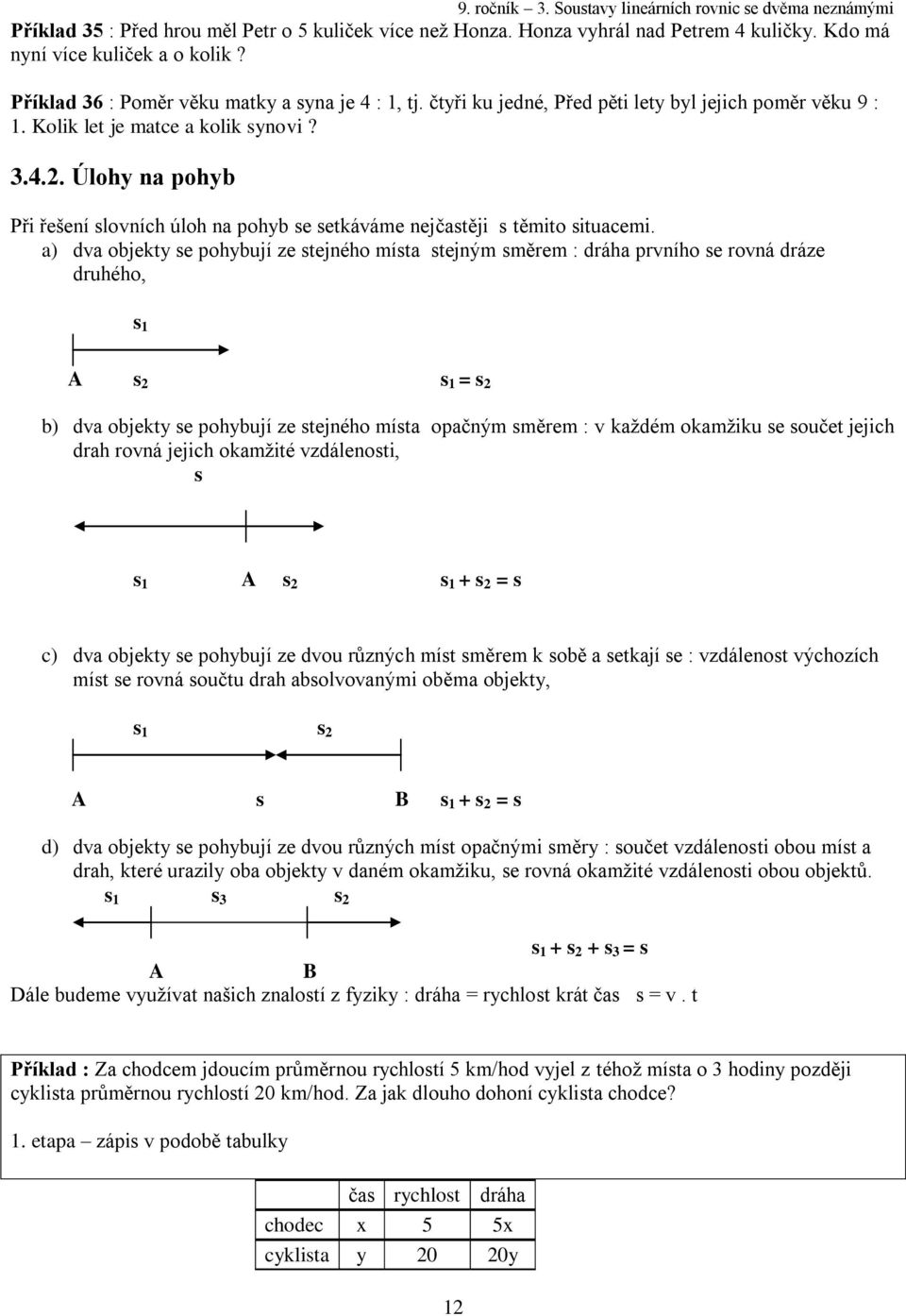 a) dva objekty se pohybují ze stejného místa stejným směrem : dráha prvního se rovná dráze druhého, s A s s = s b) dva objekty se pohybují ze stejného místa opačným směrem : v každém okamžiku se