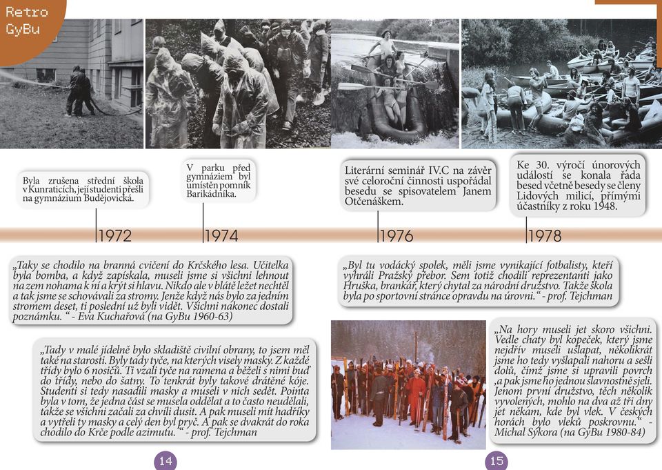 výročí únorových událostí se konala řada besed včetně besedy se členy Lidových milicí, přímými účastníky z roku 1948. 1972 1974 1976 1978 Taky se chodilo na branná cvičení do Krčského lesa.