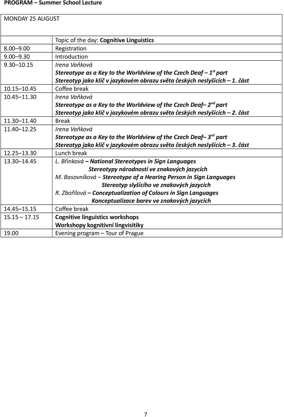 30 Irena Vaňková Stereotype as a Key to the Worldview of the Czech Deaf 2 nd part Stereotyp jako klíč v jazykovém obrazu světa českých neslyšících 2. část 11.30 11.40 Break 11.40 12.