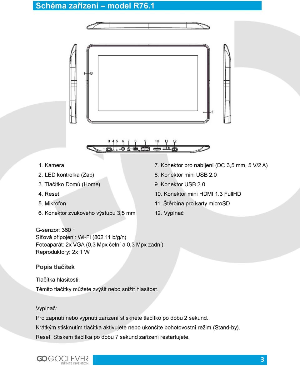 11 b/g/n) Fotoaparát: 2x VGA (0,3 Mpx čelní a 0,3 Mpx zadní) Reproduktory: 2x 1 W Popis tlačítek Tlačítka hlasitosti: Těmito tlačítky můžete zvýšit nebo snížit hlasitost.