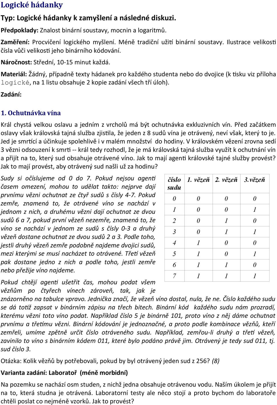 Materiál: Žádný, případně texty hádanek pro každého studenta nebo do dvojice (k tsku viz příloha logické, na 1 listu obsahuje 2 kopie zadání všech tří úloh). Zadání: 1.