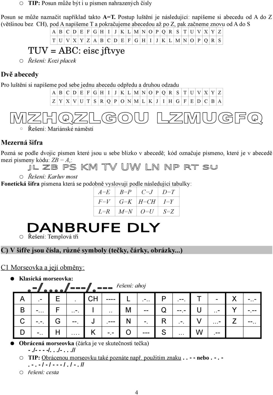 V X Y Z T U V X Y Z A B C D E F G H I J K L M N O P Q R S TUV = ABC: eisc jftvye Řešení: Kozi placek Dvě abecedy Pro luštění si napíšeme pod sebe jednu abecedu odpředu a druhou odzadu A B C D E F G H