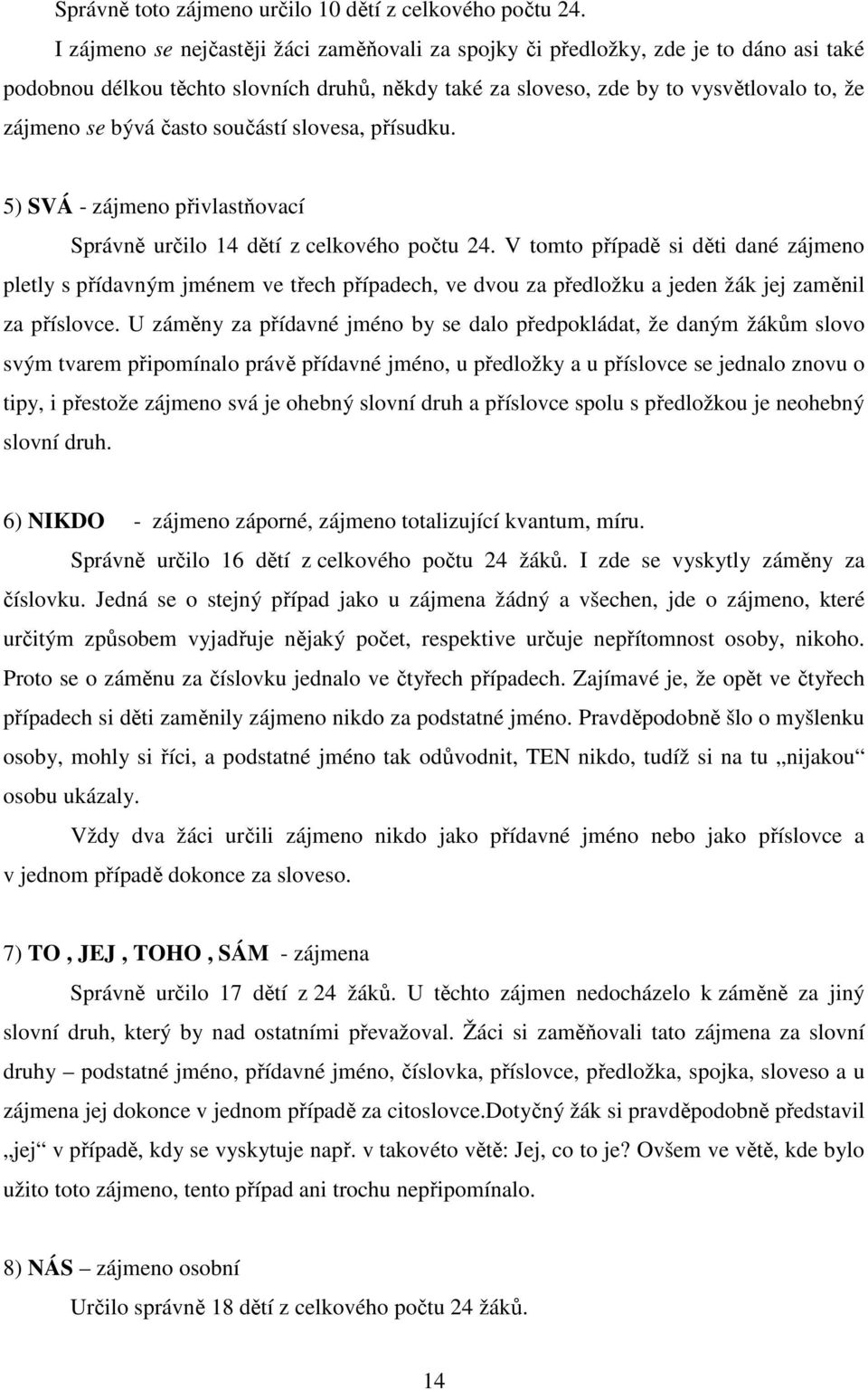 často součástí slovesa, přísudku. 5) SVÁ - zájmeno přivlastňovací Správně určilo 14 dětí z celkového počtu 24.