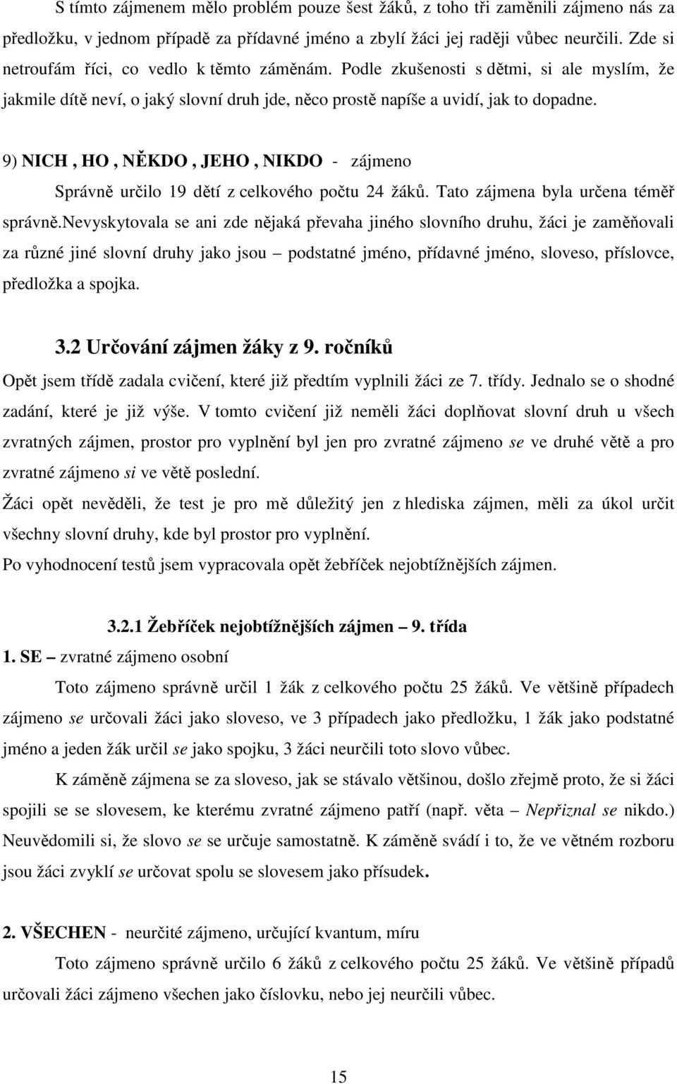 9) NICH, HO, NĚKDO, JEHO, NIKDO - zájmeno Správně určilo 19 dětí z celkového počtu 24 žáků. Tato zájmena byla určena téměř správně.