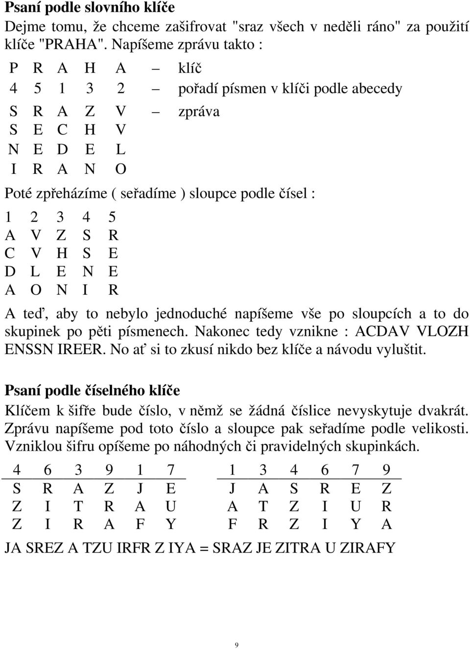 S R C V H S E D L E N E A O N I R A teď, aby to nebylo jednoduché napíšeme vše po sloupcích a to do skupinek po pěti písmenech. Nakonec tedy vznikne : ACDAV VLOZH ENSSN IREER.