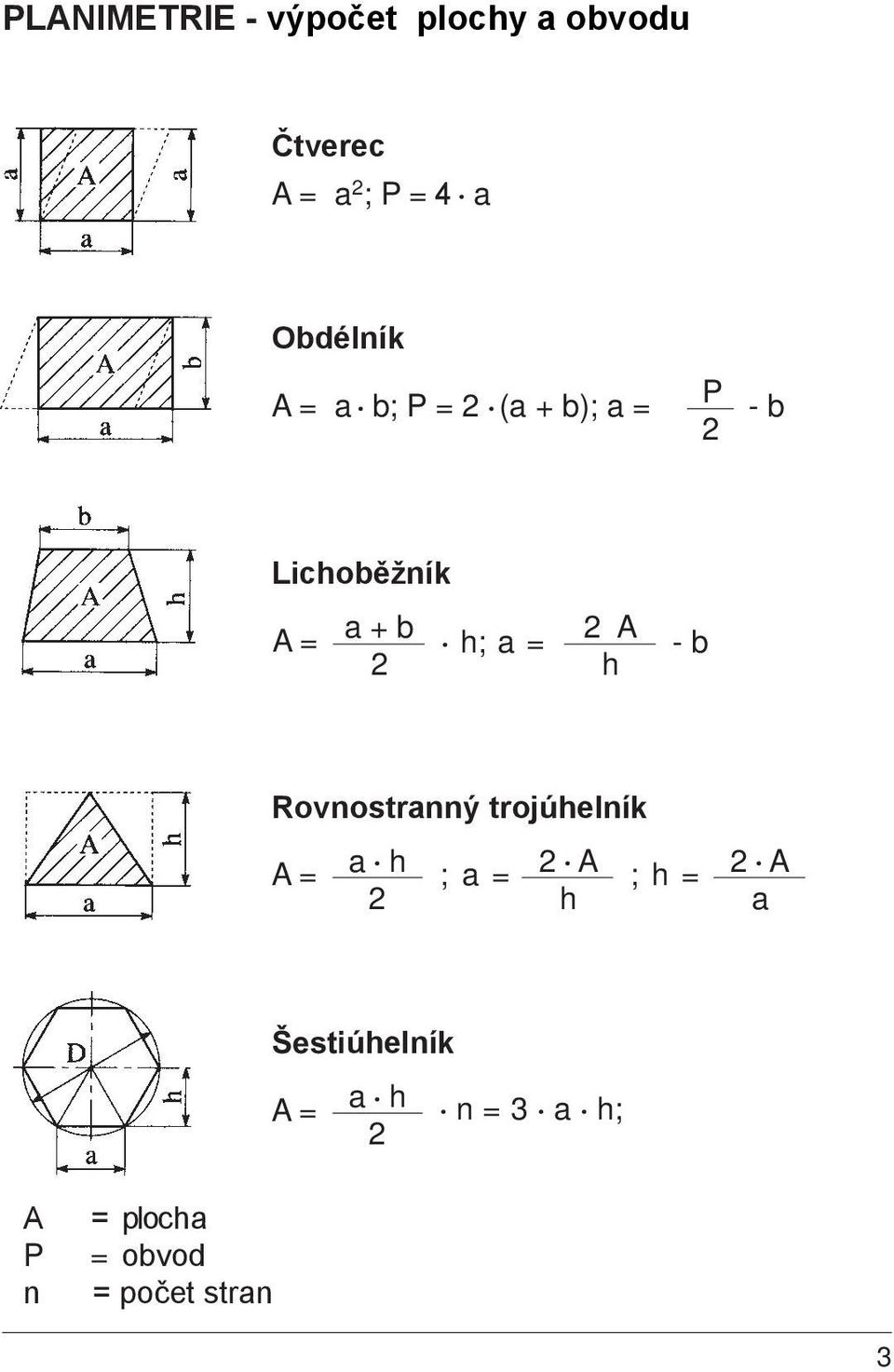 h; a = 2 A h - b Rovnostranný trojúhelník A = a h 2 ; a = 2 A h ; h =