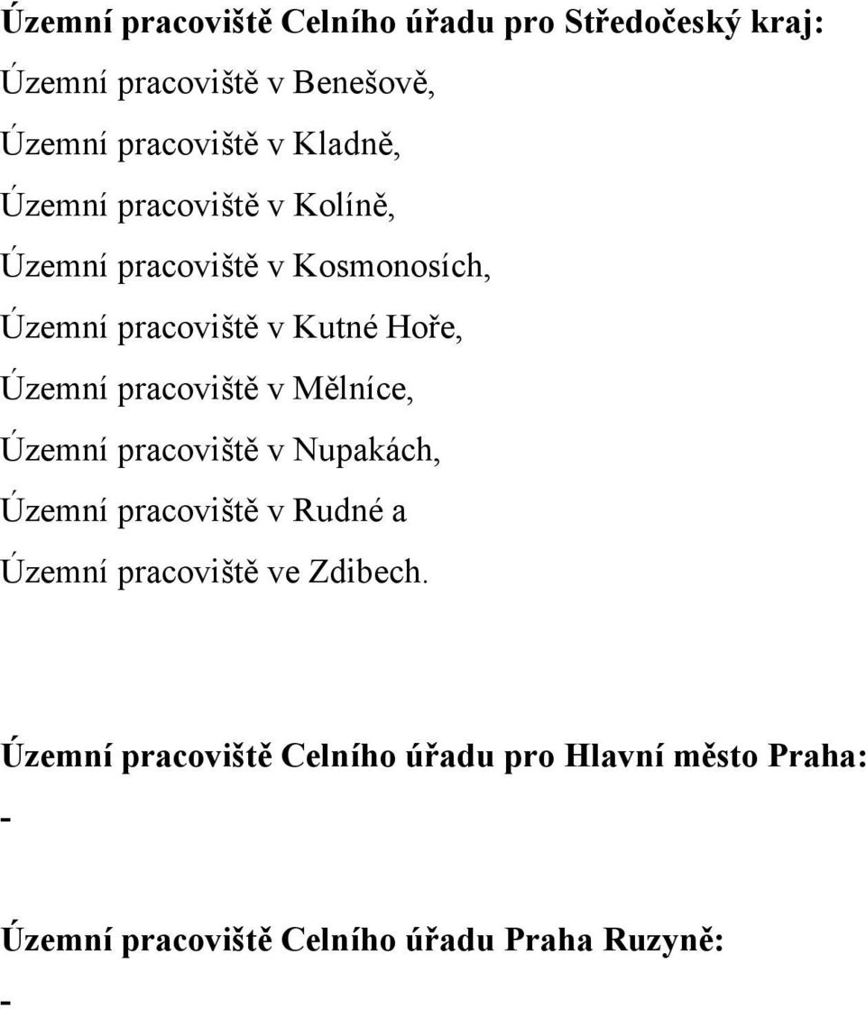 Územní pracoviště v Mělníce, Územní pracoviště v Nupakách, Územní pracoviště v Rudné a Územní pracoviště