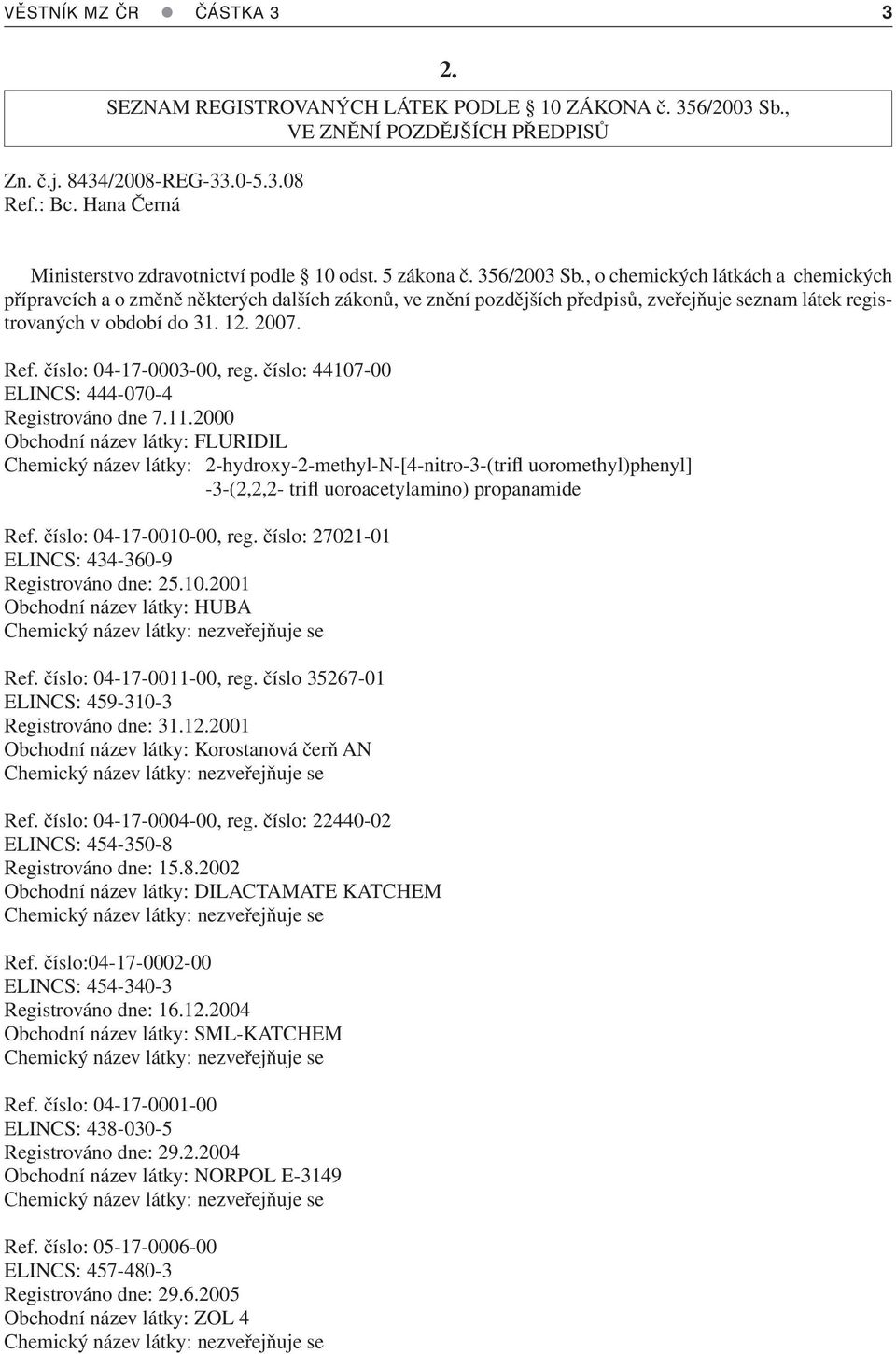 , o chemických látkách a chemických přípravcích a o změně některých dalších zákonů, ve znění pozdějších předpisů, zveřejňuje seznam látek registrovaných v období do 31. 12. 2007. Ref.