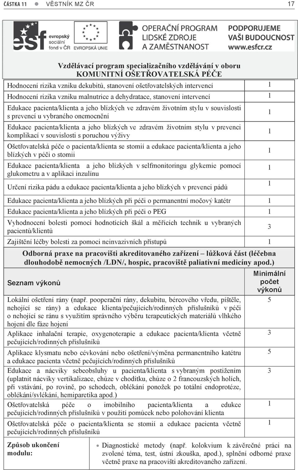 výživy Ošetřovatelská péče o pacienta/klienta se stomií a edukace pacienta/klienta a jeho blízkých v péči o stomii Edukace pacienta/klienta a jeho blízkých v selfmonitoringu glykemie pomocí