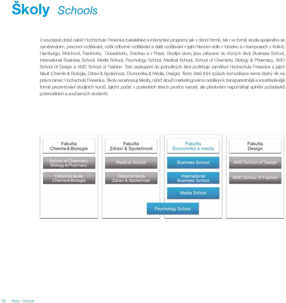 Studijní obory jsou zařazené do různých škol: Business School, International Business School, Media School, Psychology School, Medical School, School of Chemistry, Biology & Pharmacy, AMD School of