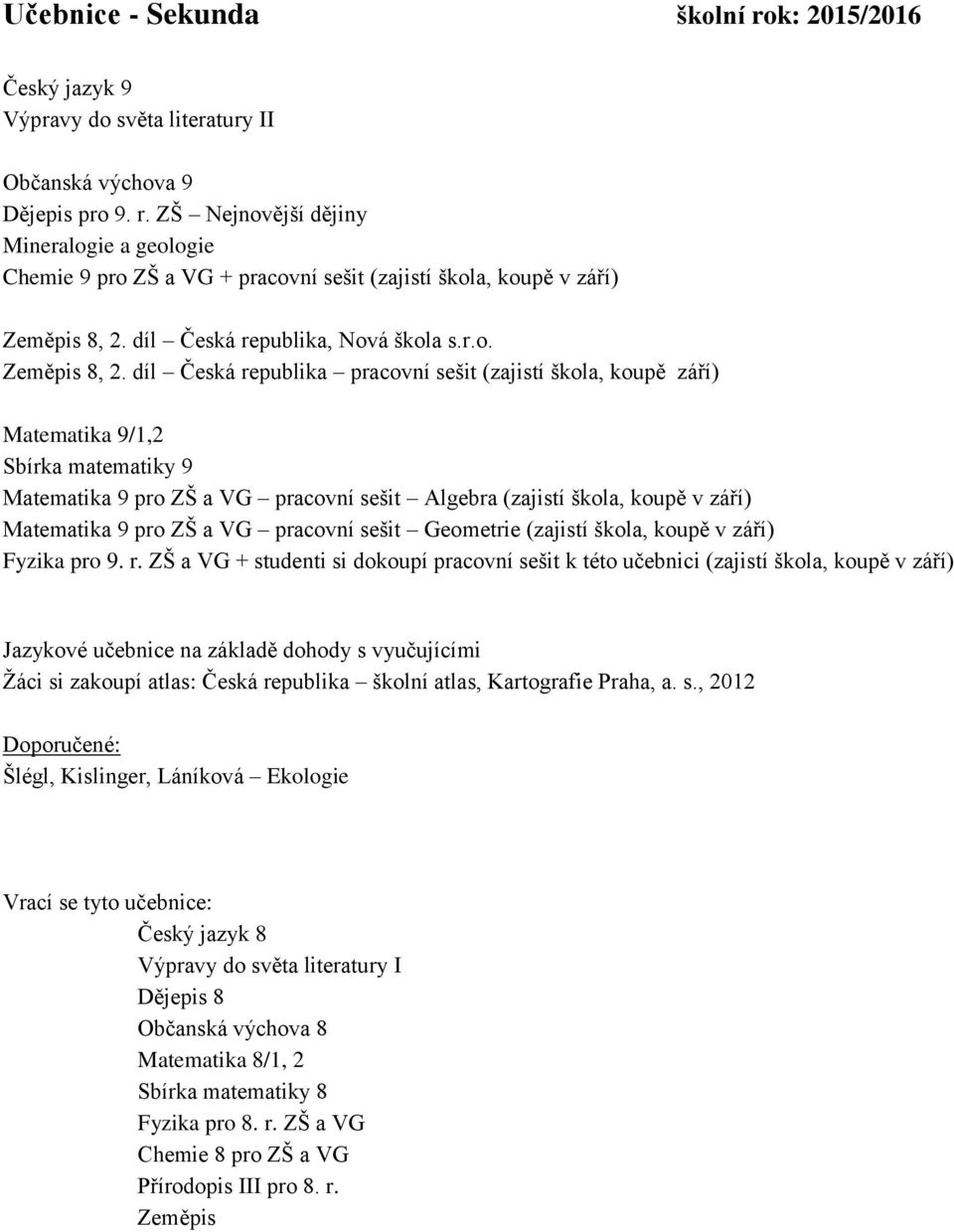 díl Česká republika pracovní sešit (zajistí škola, koupě září) Matematika 9/1,2 Sbírka matematiky 9 Matematika 9 pro ZŠ a VG pracovní sešit Algebra (zajistí škola, koupě v září) Matematika 9 pro ZŠ a