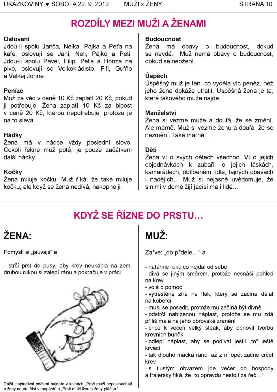 Ţena zaplatí 10 Kč za blbost v ceně 20 Kč, kterou nepotřebuje, protoţe je na to sleva. Hádky Ţena má v hádce vţdy poslední slovo. Cokoli řekne muţ poté, je pouze začátkem další hádky.